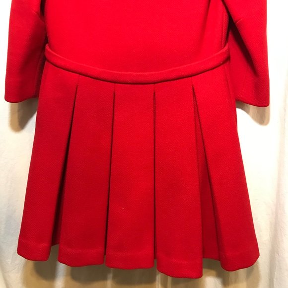 Vintage Woman's Bright Red Peacoat Jacket GUC Retro Pleated Skirt Attached Belt - Picture 2 of 10